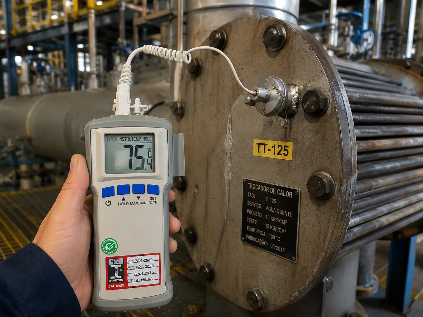 Leitura de temperatura com termopar em um trocador de calor industrial